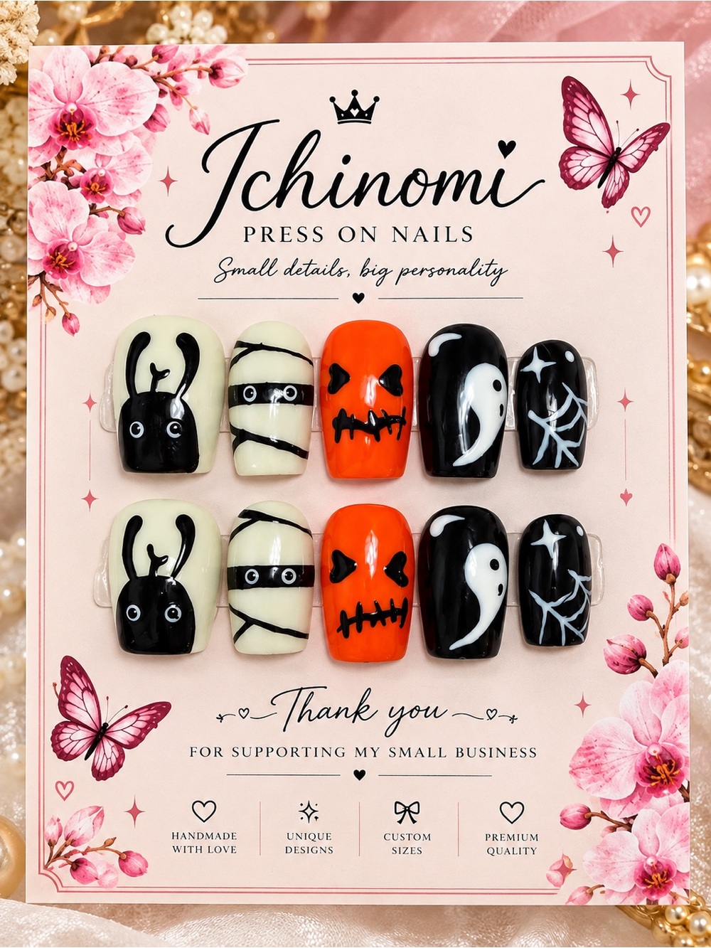 🎃 Halloween Press On Nails Large Ghost Pumpkin Mummy Spiderweb Handmade 👻🖤 Large